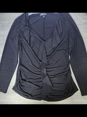 AB Studio Black Ruffle V-Neck Long Sleeve Top
